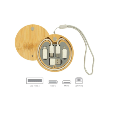 Multi-Charging Cable Set in Round Bamboo Case