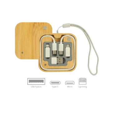 Multi-Charging Cable Set in Square Bamboo Case