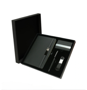 Set of PU Leather Notebook, Pen, Card Holder and Keychain - Black