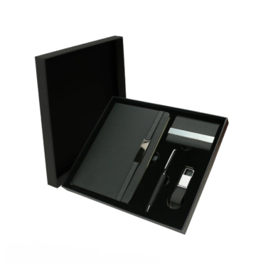Set of PU Leather Notebook, Pen, Card Holder and Keychain - Black