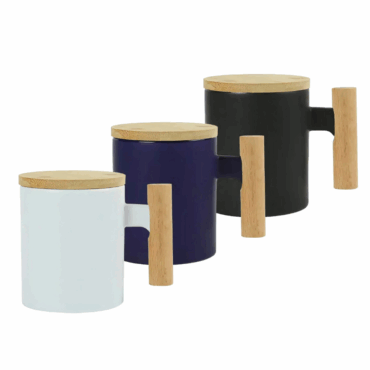 Ceramic Coffee Mugs with Bamboo Lid and Handle - 380ml